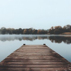 Naklejka premium Serene Wooden Dock Overlooking Calm Lake Surrounded by Nature's Beauty
