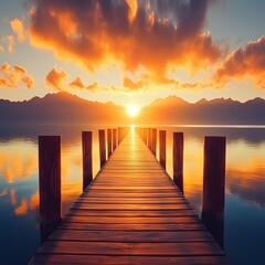 Fototapeta premium Serene Sunset Over Calm Lake with Pier and Vibrant Clouds