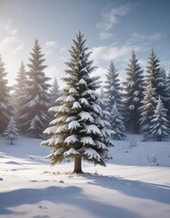 Fototapeta premium Snow-covered Christmas tree in a winter landscape , Winter snow scene, Snowy forest, Snowy woods