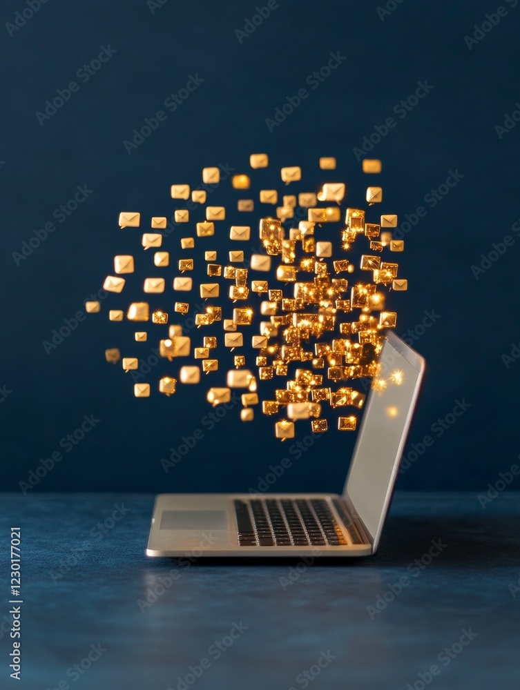 Poster dynamic workspace inspiration golden speech bubbles and laptop for content creators - enhancing infl