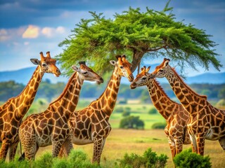 Fototapeta premium Giraffes Grazing Acacia Tree - African Savanna Wildlife Stock Photo