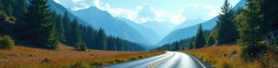 Forest and mountains meet at a winding road with a blue sky above, blue, earthy