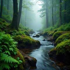 Obraz premium Fog-shrouded creek with moss and ferns on the banks, creek, plant life, scenery