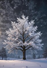 Fototapeta premium Snowflakes gently fall on a serene winter landscape with a snow-covered tree in the foreground and a darkening sky with stars beginning to twinkle above , serene, peaceful, winter