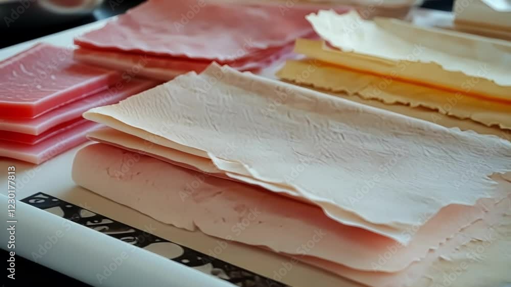 Aufkleber a closeup of various textures of handmade paper being pressed in a small artisan paper studio highli
