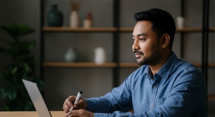 A man is sitting at a desk with a laptop and a pen