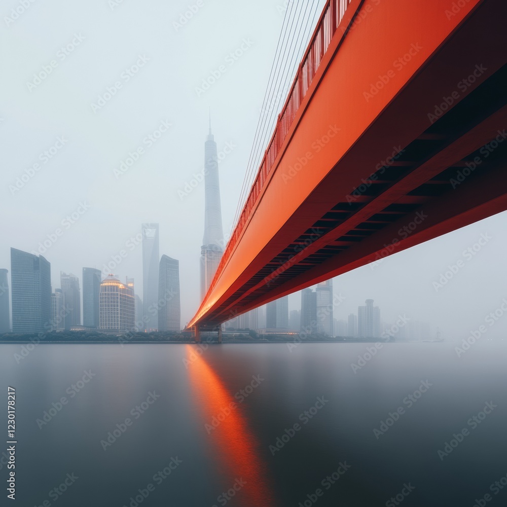 Poster futuristic urban skyline illuminated skyscrapers and red bridge reflections - digital visualization 