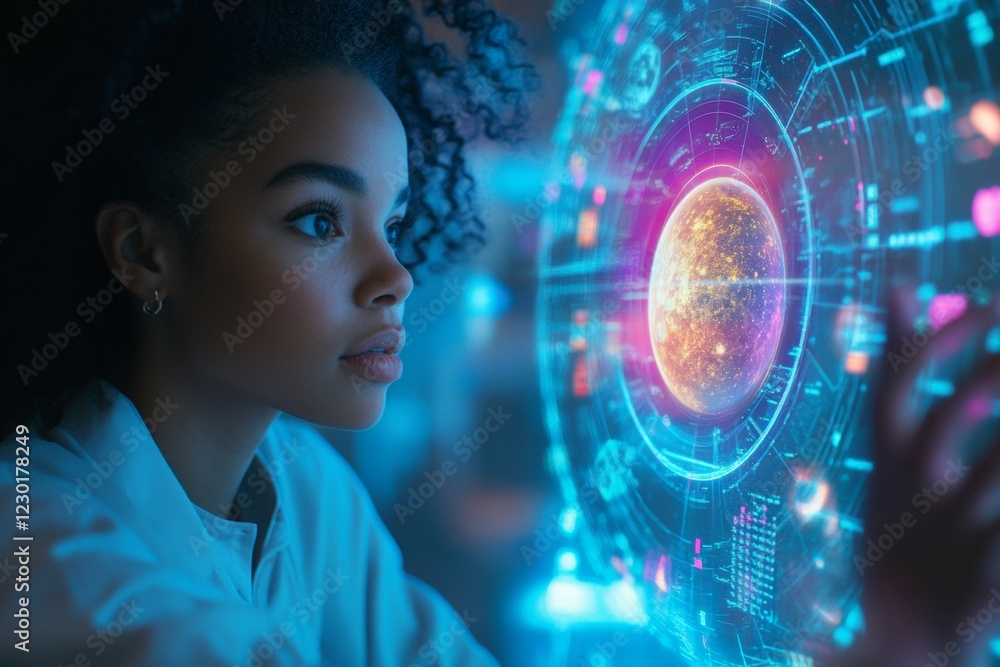 Poster neon holographic innovation black female engineer navigates solar system interface - advanced tech l
