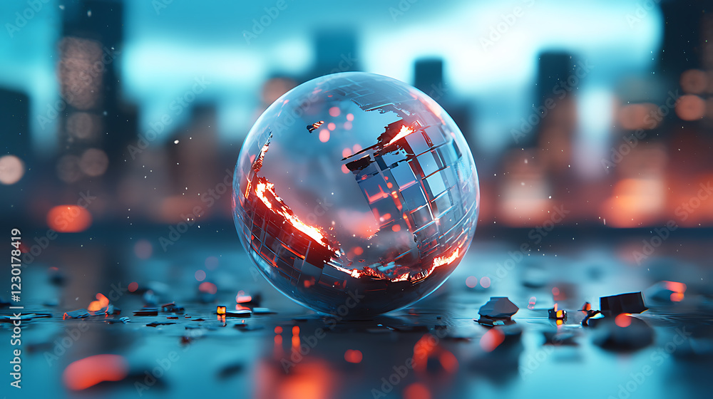 Poster fragmented data sphere representing industry disruption in urban environment futuristic graphics dyn