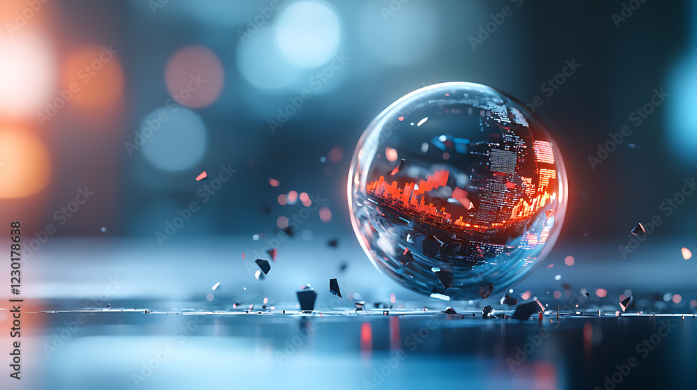 Poster fragmented data sphere representing industry disruption in a high-tech environment with a futuristic