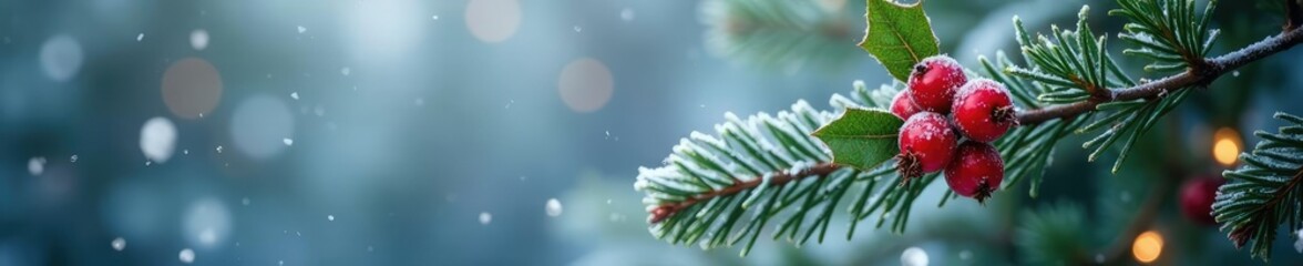 Obraz premium Frosted holly berries on a winter wonderland scene with snowflakes, snowflake, tree