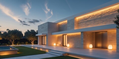 Fototapeta premium Luxury Modern Home at Dusk with Dramatic Lighting and Stone Facade