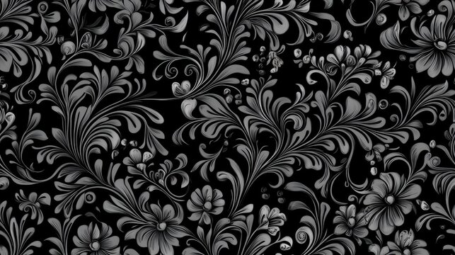 Elegant Floral Seamless Pattern Design Featuring Intricate Black And Gray Flower Motifs, Capturing Vintage Essence In An Artistic Context