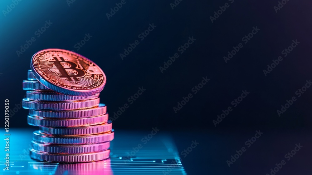 Poster neon-infused cryptocurrency display stacked metallic crypto coins on circuit board - fintech innovat