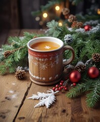 Snowy wooden table with a steaming mug of beverage and pine branches decorated with festive ornaments and garland , wooden table, festive, garland