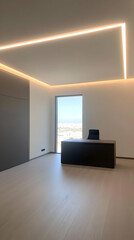 Modern office, sea view, desk, lighting