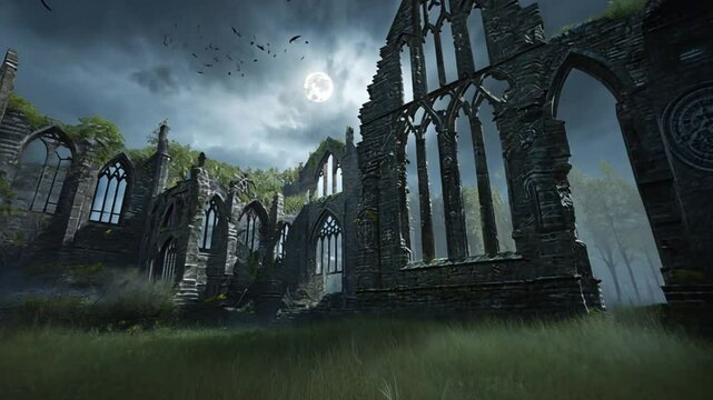 Deep in the haunted forest, an ancient ruined church stands, covered in twisted vines. The moonlight reveals strange symbols on the walls, while dark entities lurk nearby