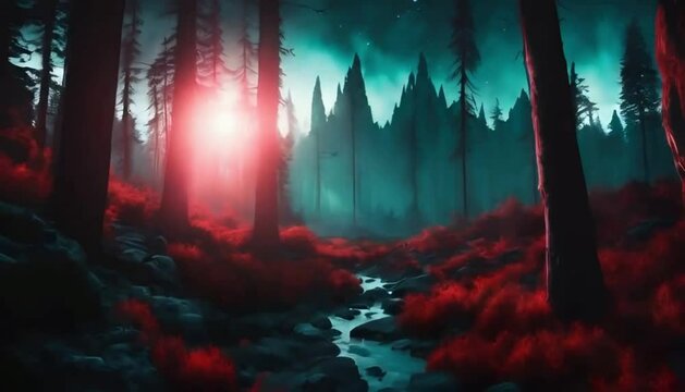 A vibrant alien planet with glowing forests, towering crystalline mountains, and rivers of liquid light under a sky with three moons