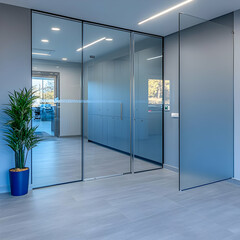 Modern office glass doors, hallway view