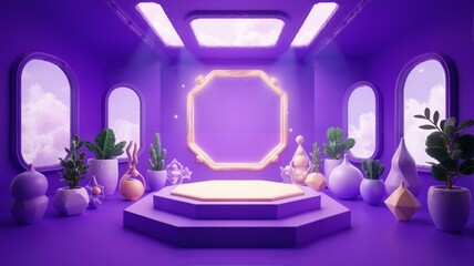 A purple room with potted plants and flowers.