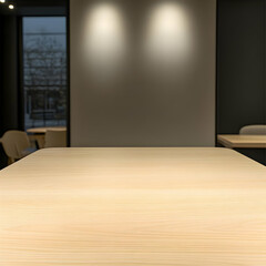 Light wood table, modern office background