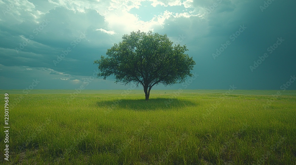 Poster amidst a vast green field, a solitary tree stands tall beneath a moody sky. the lush grass sways gen