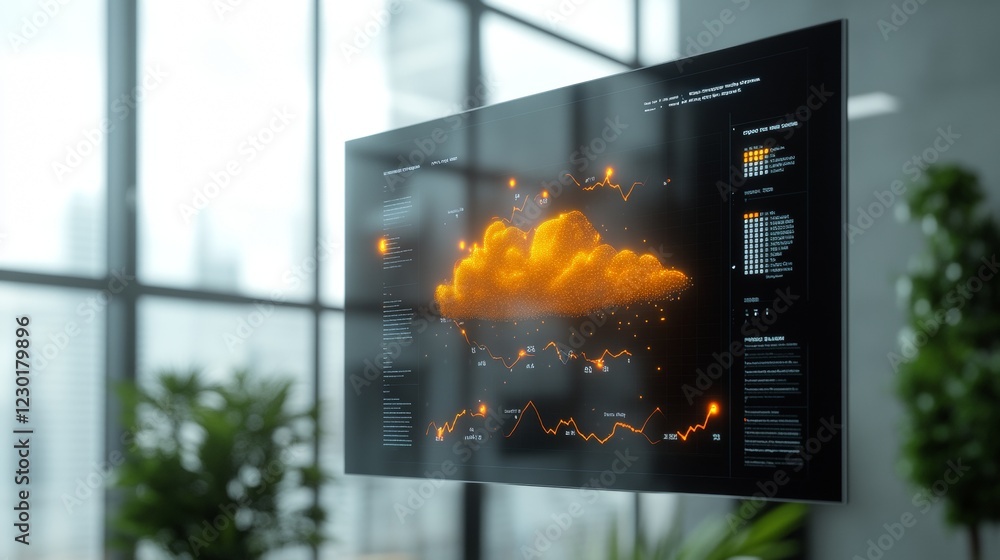 Poster Futuristic Office Display Interactive Digital Weather Radar with Cloud Graphics - Enhanced Business Decision-Making and Environmental Monitoring Solutions