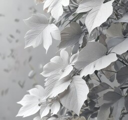 Soft focus abstract botanical leaves in shades of white and light gray on a soft gray background, white, light gray, foliage