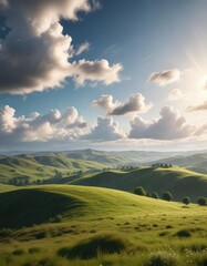 Landscape of rolling hills under a sunny sky covered in clouds, sky, nature