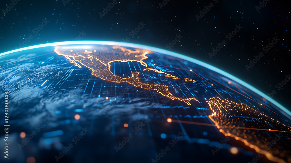 Poster innovative holographic matrix disrupting global technology insights earth view digital visualization