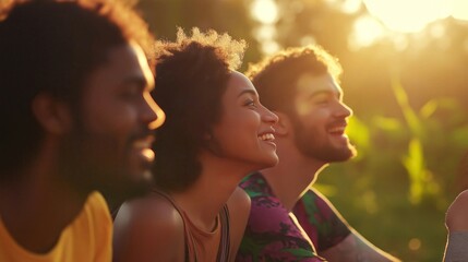 Close up photo of happy diverse people having picnic outdoors at golden hour as communicty gathering concept