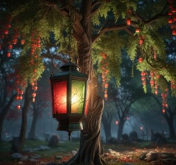 Lantern with red and green colors hung on a tree, red lantern, warm glow, evergreen branches