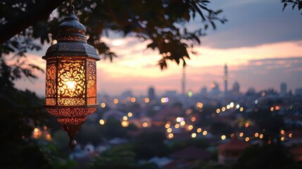 Fototapeta premium Beautiful Lantern Hanging with Cityscape and Sunset Background