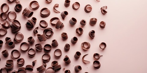 Obraz premium Delicious Chocolate Curls On a Pink Background With Text Space.