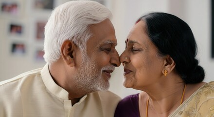 Naklejka premium Heartwarming moment between elderly indian couple at home