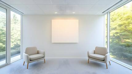 Modern office chairs, artwork, windows, trees