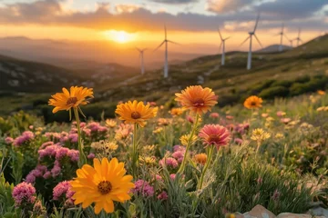 Papier peint photo A vibrant field of flowers in bloom at sunset, with wind turbines in the background, symbolizing nature and renewable energy.