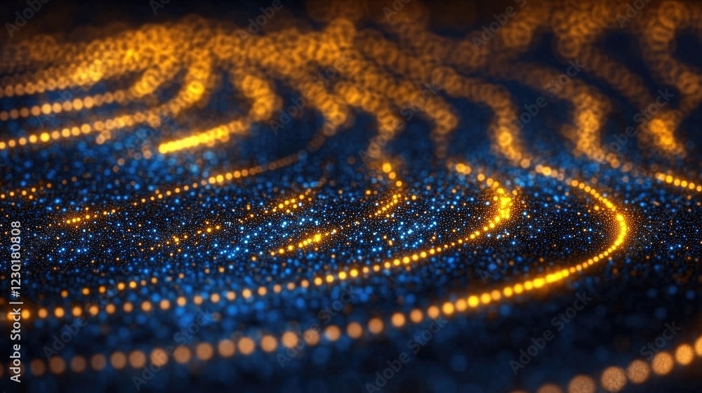 Poster a mesmerizing abstract image featuring flowing waves of blue and gold lights, creating a sense of de