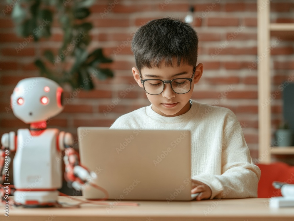 Poster modern learning hub tech-savvy indian teen engaged in robotics and coding with laptop in cozy room -