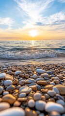Obraz premium Beautiful sunset casts warm colors over a rocky beach. The ocean's gentle waves lap against stones while the sky transitions to night. A serene evening atmosphere invites relaxation