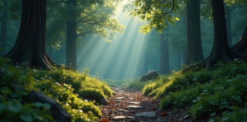 Obraz premium Una cruz de piedra en un bosque con una niebla baja, silencio, piedra