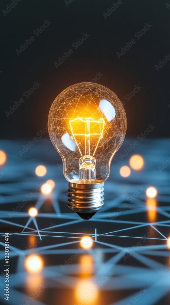 Poster Futuristic Technological Visualization Glowing Lightbulb on Geometric Pattern - Business Innovation Content for Creative Thinking and Breakthrough Ideas in Tech Industry