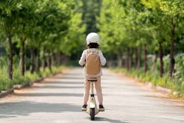 Fototapeta premium Urban Eco-Experience Young Woman Navigates Seoul Park on Electric Scooter - Casual Style for Modern Mobility Solutions and Sustainable City Design