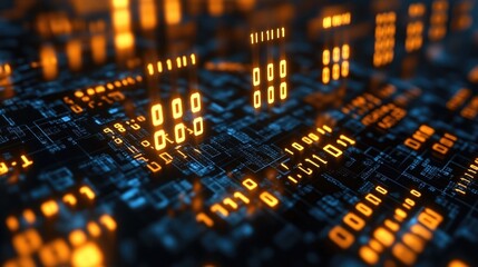 An abstract representation of a digital landscape with glowing binary code in orange and blue tones, symbolizing technology and data flow.