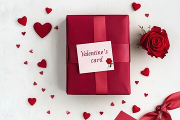A flat lay of a simple, elegant red gift with a ribbon, scattered heart confetti, a "Valentines card" and a single rose, all on a soft white backdrop.