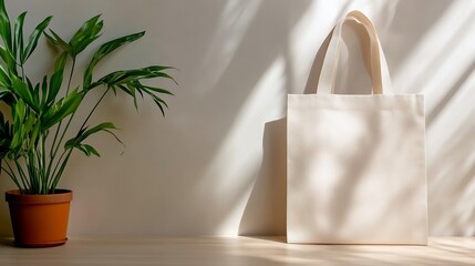 Eco-friendly canvas tote bag with potted plant in sunlit minimalist space