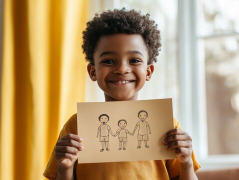 Cheerful Urban Childhood Playful Boy with Family Drawing in Sunlit Room - Modern Education and Family Support Content for Social Development Campaigns