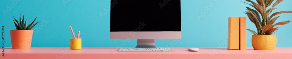 Poster modern digital workspace bold colorful desks with tablets and stylus - inspiring artistic media envi