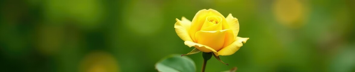 Macro shot of a single yellow rose stem with delicate leaves, yellow, garden