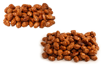 Tasty sweet roasted peanuts isolated on a white background.